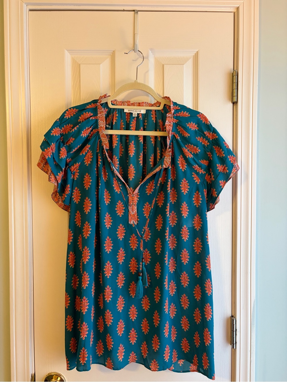 Rose & Olive Teal Blouse with Coral Floral Print